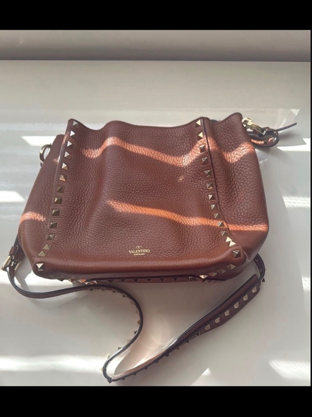 Valentino Brown Pebbled Leather Crossbody with Rockstud Trim